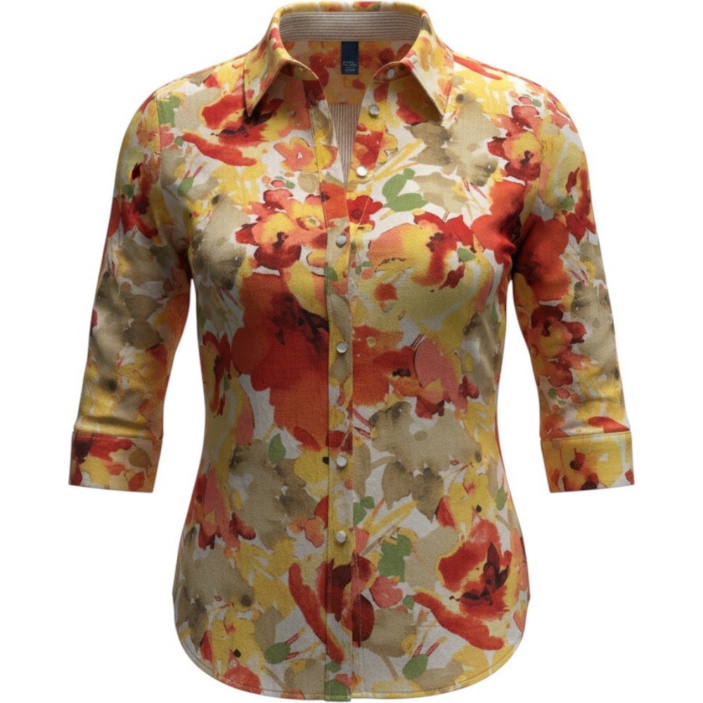 Karen Scott Womens XL Orange Floral Button Up Shirt Cotton 3/4 Sleeve Top